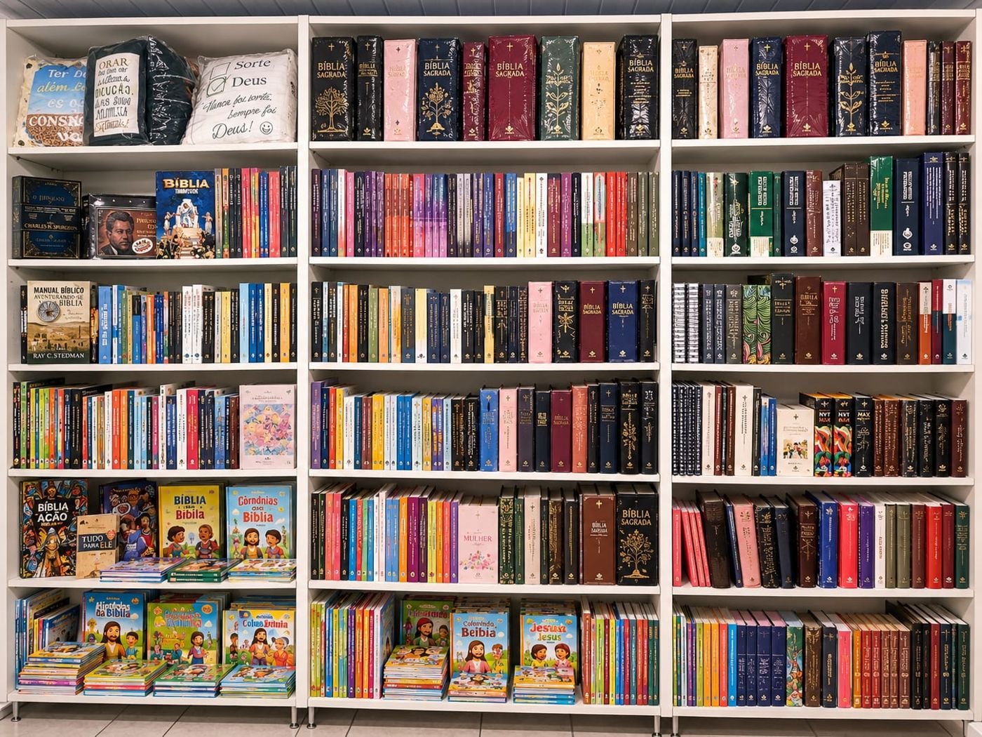 Estantes da Livraria Space Gospel repletas de Bíblias, livros cristãos e livros infantis