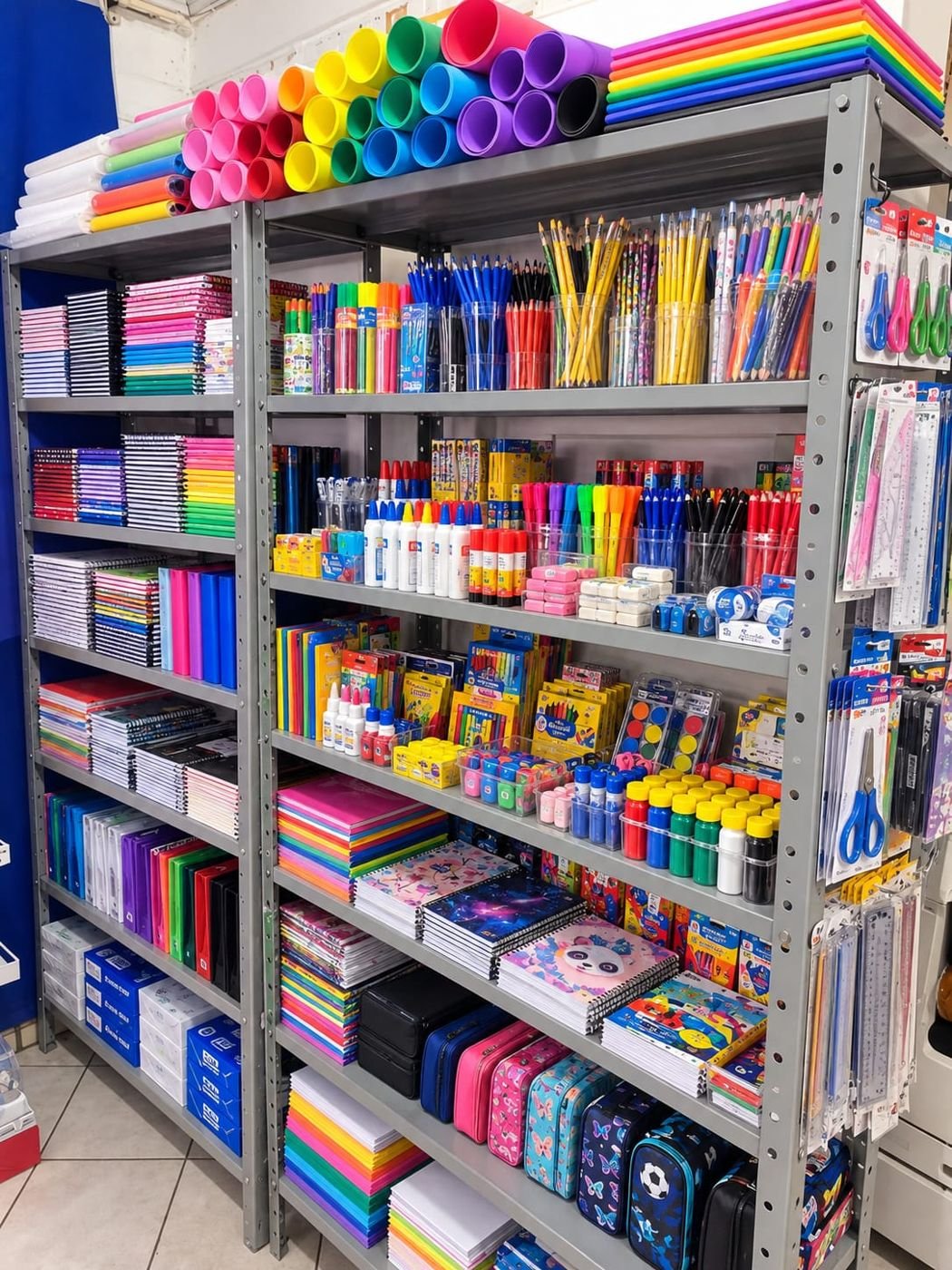 Estantes de papelaria com cadernos, canetas, colas, tintas e estojos